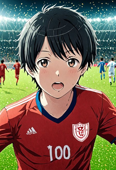 high resolution, solo, best quality, 1Boy, Inaho Kaizuka, Black Hair, soccer player, field, portrait, sport photography, celebration, OverallDetail