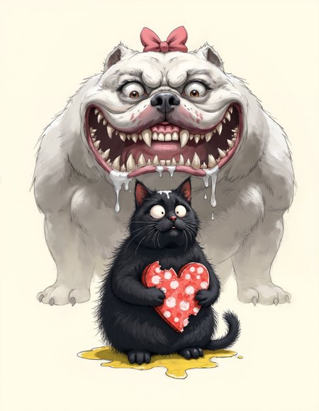 Caricature, A whimsical, hand-drawn illustration of an extremely chubby, scruffy black cat with disheveled fur sticking out in all directions. The cat has an adorably confused expression, with wide, round eyes that seem to stare blankly, and its mouth slightly ajar as if unsure of whatâs happening. Its plump body spills out around its tiny paws, which are clutching a large, heart-shaped piece of bright red sausage with white speckles resembling salami. A small piece was torn off from the sausage.. The catâs bushy tail curls awkwardly around its round body, and tufts of messy fur float around, enhancing its frazzled look. The background is a soft, light beige. The overall style is sketchy, with thin, uneven lines that add to the humorous and charming feel of the illustration
in the background in the fog you can see the silhouette of a giant muscular dog with a bow on its head, it bares its huge teeth, as if it is about to bite, its gaze is directed downwards and drool from its mouth hangs almost to the ground
<lora:Sketch:1> , exaggerated, comical, caricature