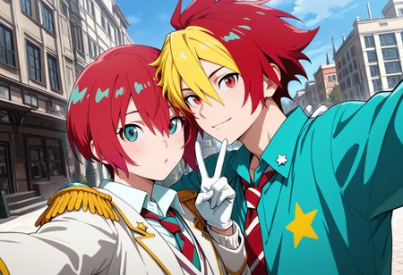 masterpiece, best quality, amazing quality, absurdres, newest, detailed background, definition so sharp, Ultra-HD, 8K cinematic, very awa, impressionate, amazing quality, highres, 
duo, couple focus, different high, different size, side by side, v, selfie, upper body, day, blue sky, outdoor, 
BREAK
1boy, kagayakibishounen, takuto_red eyes, takuto,red hair, short hair, takuto_gingabishounen, two-toned hair, dyed bangs, coat, ascot, epaulettes, aiguilette, star (symbol), gloves, white shirt,
BREAK
1girl, amate yuzuriha,aqua shirt,striped necktie,white sweater,