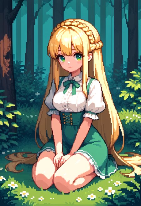 texture score_9, score_8_up, score_7_up, source_anime, pixel art,  outdoor, sitting, forest, butterflys, flowers 1girl, cute, solo, fomceline, blonde hair, green eyes, crown braid, straight hair, very long hair, ribbon bangs, medium breast, narrow waist, wide hip, top down close-up, <lora:Pony\char\FOM Celine - v2.safetensors:0.8:0.8> <lora:Pony\style\oppai_v0.1-pony.safetensors:0.5:0.5>