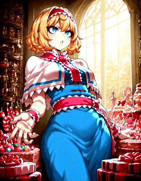 1girl , alice_margatroid , CHRC4ND7,  candy, detailed background,
,Fishine, dekosukentr, ireading:0.7,
,masterpiece, best quality, newest, absurdres, highres,
<lora:illustrious_noobai_epsilon_pred_1_best_quality_v1:0.4> ,<lora:illustrious_noobai_epsilon_pred_1_masterpieces_v1:0.4>, <lora:illustrious_noobai_epsilon_pred_11_very_aesthetic_v1:0.4>, <lora:ponyv5_noobV065S_1_adamW:0.6>, <lora:add-detail-xl:0.4>, <lora:GEN(illust) 0.2v:0.6>,<lora:cfg_scale_boost:0.4>, <lora:Christmas_Candy:1>