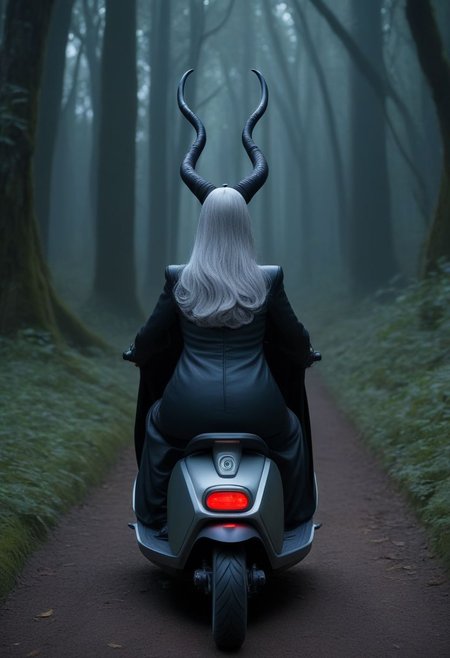 Masterpiece, detailed, animation, rear_view, 60 years old, solo, long gray hair, curvy, tall, Maleficent, on a senior mobility scooter, dark forest,  lots of detail, hands hidden or out of view, leather clothes.