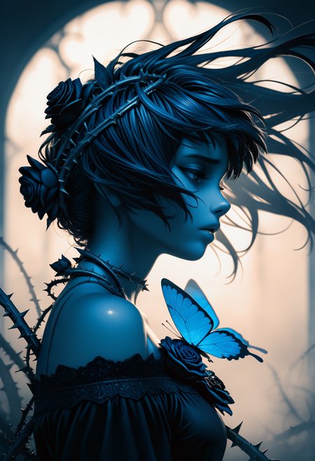 masterpiece, best quality, good quality, newest, highres, absurdres, masterpiece, best quality, good quality,
1girl, solo, monochrome, spot color, blue and black theme, dark, upper body, side face, sad, parted lips, floating hair, black dress, bare shoulder, gothic, black rose, thistles and thorns, flora, (black and thick liquid:1.331), fog, blue butterfly, underlighting, bokeh, blurry background, strong visual impact, film lighting, from side, Vintage, 1990s \(style\) <lora:illustriousXL_stabilizer_v1.23:0.3> <lora:NOOB_vp1_detailer_by_volnovik_v1:0.3> <lora:ponyv6_noobE11_2_adamW-000017:0.45>