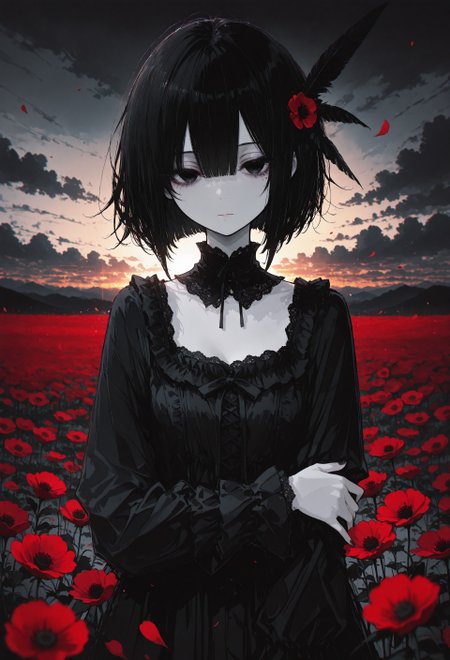 incredibly absurdres, highres, masterpiece, newest,best quality, very aesthetic, absurdres, newest, 8k, HDR, focused subject, oc-chan_(ketopon), 1girl, solo, gazing at viewer, bob cut, bangs, black hair, feather hair ornament, solid black eyes, detailed eyes, eyelashes, wind, messy hair, pale skin, hair between eyes, mole under eye, eye focus, frilled gown, gothic fashion, detached collard, lace trim, square neckline, expressionless, hand on own arm, fingernails, nail polish, sunset,cloudy sky, field, flower field, red flower,poppy flower, backlighting,straight on, chromatic aberration, petals, flowing petals,  dark theme,limited palette,chromatic aberration,fine art, depth of field,perspective,scenery,15546+456868, r17329_illu,