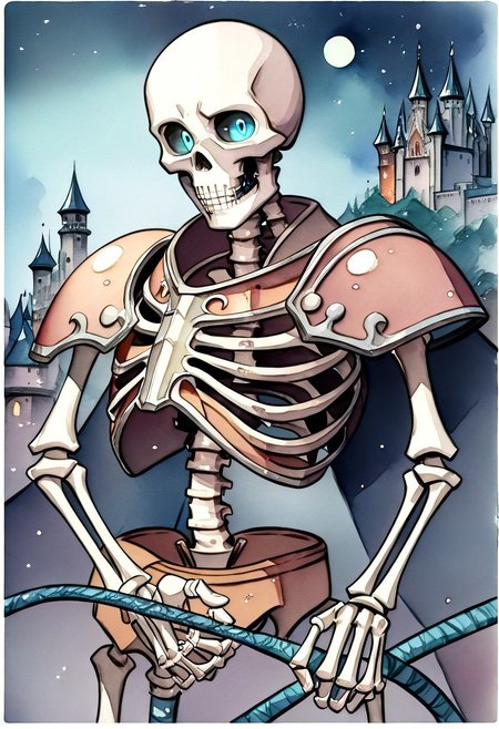 (((anatomical hands))),  skeleton with knight armor standing with a long sword, blue eyes,  score_9, score_8_up, score_7_up, score_6_up, score_5_up, score_4_up,  ((skeleton)), black rusty armor, (((jeweled headband))), stylized brown breastplate, (((whip))), steel sword, ((((whip with handle)))), ((single sword in hand)), ((action pose)), (((((single pauldron))))), metal wristbands, (((((bald))))), ((((castle background)))), bright moon, dark cloudy skies, blu glowing eyes, black sclera, empty eyes, (watercolor painting:2), night, ((spooky backdrop)),, spooky castle behind, bats flying, bones with fissures