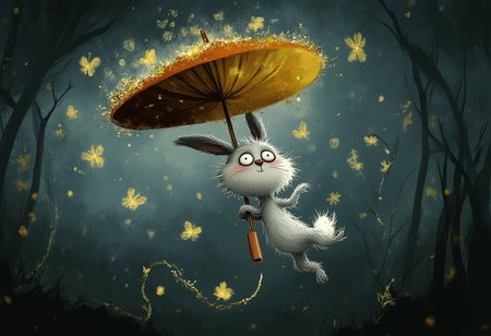 A whimsical illustration of a bunny floating on an umbrella in dark whimsical art style, surrounded by glowing butterflies, characteristic Tim Burton inspired design with starry eyes