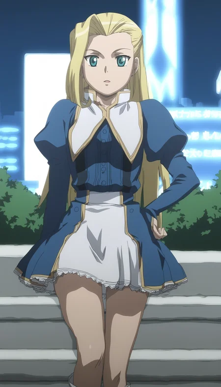 score_9, source_anime BREAK, oldest, anime screencap, outdoors, city,  city lights, night, night sky,  <lora:RoseAnderson(Pony)-11:1>RoseAnderson, 1girl,  solo,  long hair, blonde hair, ahoge, huge ahoge, capelet, collared capelet, shirt, blue shirt, buttons, puffy sleeves, long sleeves, bridal gauntlets, boots, white boots, skirt,  multicolored skirt,