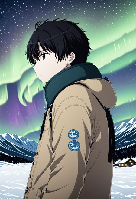 high resolution, solo, best quality, 1Boy, Inaho Kaizuka, Black Hair, winter, Northern Lights, Stargazing, OverallDetail
