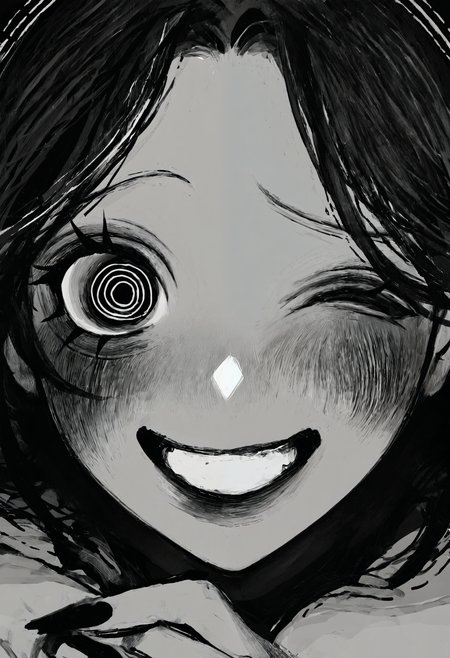 <lora:TnhocXQ=-noobaiXLNAIXL_epsilonPred_V110_V1-CAME>, Tnho, monochrome, greyscale, 1girl, smile, one eye closed, solo, looking at viewer, own hands together, blush, fingernails, portrait, nail polish, close-up, crazy eyes, @_@, makeup, ringed eyes, crazy smile, grin, parted bangs, black nails