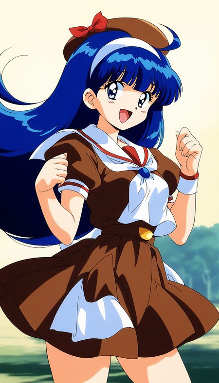 score_9, score_8_up, score_7_up, source_anime, rating_explicit, BREAK <lora:Tsurugino_Hikari_XL:0.8>Tsurugino_Hikari, long hair, blue hair, 1990s (style), hairband, blue eyes, bangs, ahoge, small breasts,
1girl, solo, brown hat, retro artstyle, skirt, open mouth, School uniform, smile, 
wristband, looking at viewer,  puffy sleeves, short sleeves, bow, 
brown dress, :d
dauy, sky, outdoor.