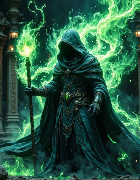 highly detailed cinematic scene, Dark, hooded figure detailed robe, wielding glowing green staff, centered in frame, facing forward, powerful magical energy green aura, dark mystical background with swirling green flames, ancient runes, and ruined temple elements detailed architecture, deep teal and black color palette, high contrast lighting, dramatic, fantasy, 8k resolution, shallow depth of field, vignette, highly detailed, bokeh, moody, epic, gorgeous, film grain, grainy, HKMagic, <lora:FantasyWizardWitchesFluxV2-000001:1>, <lora:Elden_Ring_-_Yoshitaka_Amano:0.4>, <lora:fluxenhancer:0.4>