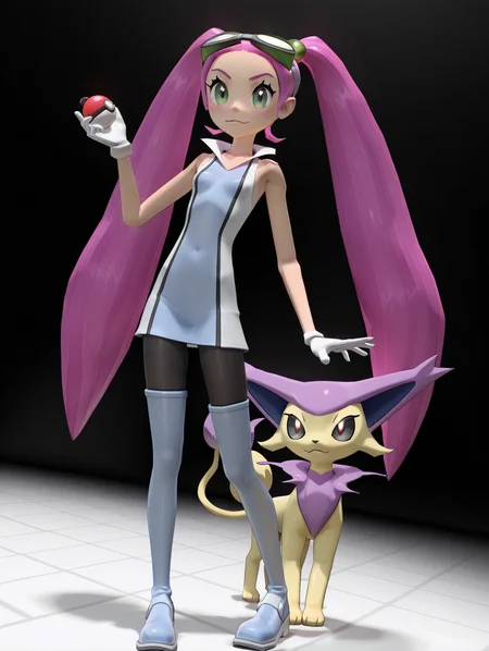 <lora:Lovrina_IL_NS:1> 1girl, lovrina, white gloves, short dress, pantyhose, thighboots, goggles on head, 3d,holding,  pokeball, pokeball \(basic\), BREAK 1other, delcatty, pokemon \(creature\), masterpiece, best quality, amazing quality, very aesthetic, absurdres, new, newest,