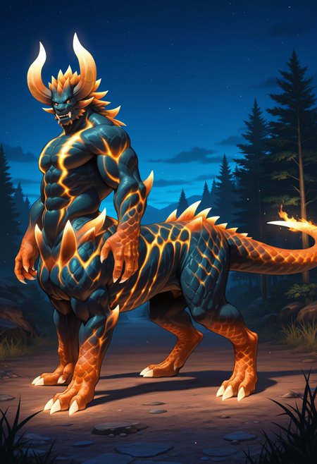 <lora:berial_(dmc)_v1_IL-15:0.8> berial, scalie, glowing markings, scales, taur, horns, fangs, flaming tail, muscular, outdoors, night, from side, looking at viewer,