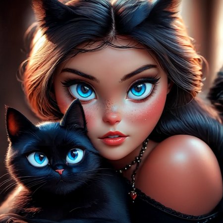 3D Fairytales, The image shows a woman with blue eyes and a black cat sitting on her lap. She has a human face and is wearing a necklace., 1girl, cat, jewelry, looking at viewer, black cat, animal, freckles, necklace, solo, bare shoulders  <lora:3D_FairytalesSDXL:1>