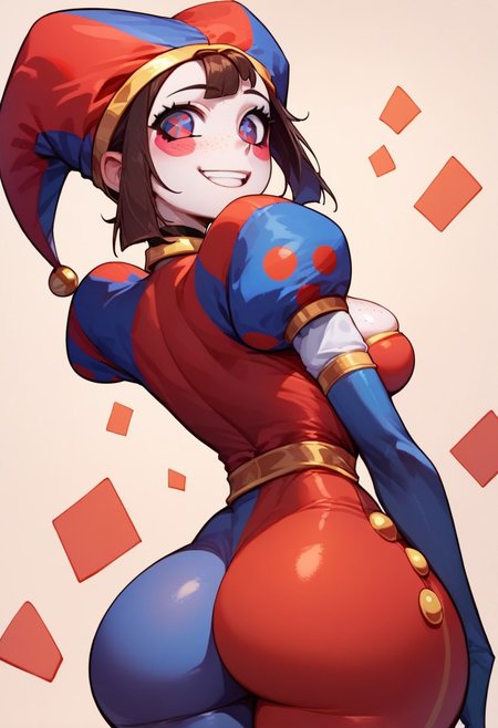 score_9, score_8_up, score_7_up, Expressiveh, source_anime, masterpiece, score_9, score_8_up, score_7_up, source_anime, 
,
pomni, choker, Freckles, (horns,:0.1), jester cap,blush stickers,
,
teardrop breasts, narrow waist, big ass, thick tighs,
,
standing, smile, arched back, knee shot,
,
simple background