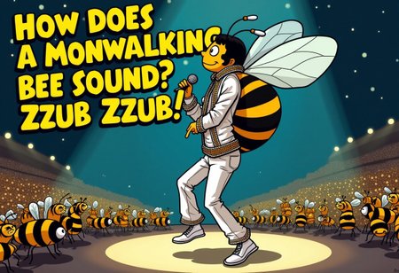 A picture of a comicstyle Bee doing a moonwalk (michale jackson style). Over the bee there are yellow bold letters reading: 
"HOW DOES A MMONWALKING BEE SOUND? ZZUB ZZUB!"
The Bee wears white michael jackson clothing holding a microphone.
The Bee performs on a stadium size stage. The audience is full with other yellow and black striped bees.