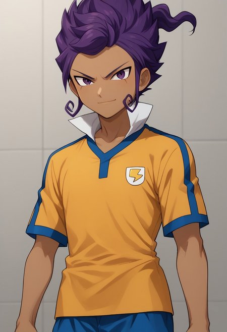score_9, score_8_up, score_7_up, source_anime, highly detailed, 
tsurugi, 1boy, male focus, solo, dark skin, dark-skinned male, purple hair, purple eyes, sportwear, raimon, raimon soccer uniform, shirt, yellow shirt, short sleeves, shorts, blue shorts, upper body, smile, determined
outdoor,