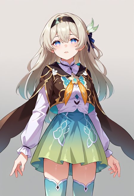 score_9, score_7_up, source_anime, solo, BREAK <lora:molokonomi_ForPonyV2:1>   <lora:ChamFireflyV2PonyXL:1>  FireflyDefault, blue pupils, long hair, black hairband, hair ornament, brown capelet, frilled collar, white shirt, long white sleeves, green skirt, gradient thighhighs,