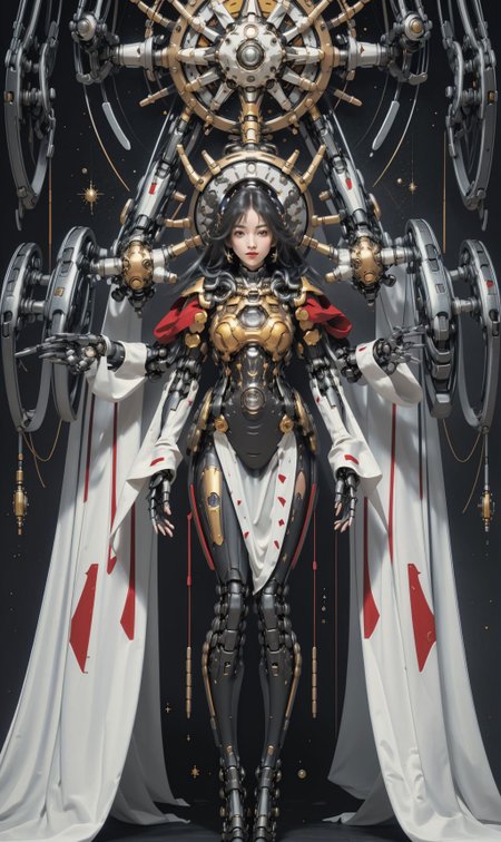 <lora:tarot_mecha:1>,1girl,mecha,full body,Tarot, red armor, star map,simple background,  <lora:animetarotV51:0.8>, <lora:techpriest:0.6>, mechanical arms, steampunk, hood, robe, techpriest, (masterpiece, best quality, high quality, highres, ultra-detailed),