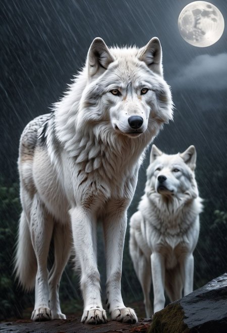 white-gray wolf, sad, determined. lonely wolf, abandoned by his friends, looking at his friends from far away, (((howling))), extremely sad composition, masterpiece,  white fur, Royal, in a heavy rain, full moon, it's head is down, Photorealistic, volumetric shading, Hyperdetailed, perfect composition, beautiful detailed, 8k artistic photography, volumetric cinematic perfect light, award - winning photograph,