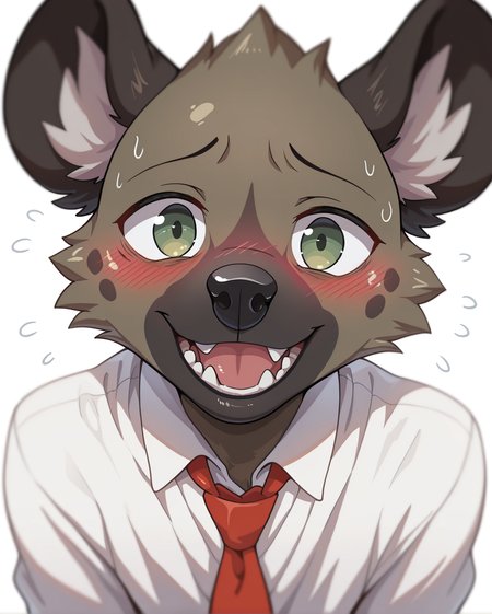 <lora:Haida__Aggretsuko__Character_Illustrious:1>, 
masterpiece, best quality, amazing quality, very aesthetic, depth of field, focused subject,  stylized,  white background, simple background, bust portrait,
furry, haida, hyena, (((male))), green eyes, solo, 
white dress shirt, red necktie, 
looking at viewer, open smile, nervous smile, blush,