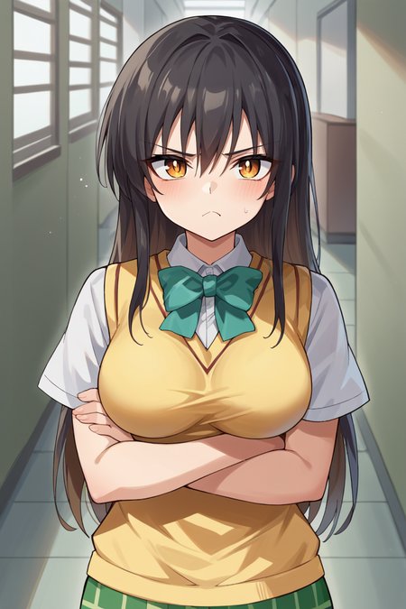 score_9, score_8_up, source_anime, BREAK 1girl  <lora:kotegawayui-pdxl-nvwls-v1:1> kotegawayui, long hair, yellow sweater vest, white shirt, short sleeves, green bowtie, plaid miniskirt, hallway, looking at viewer, pout, medium breasts, cowboy shot, crossed arms