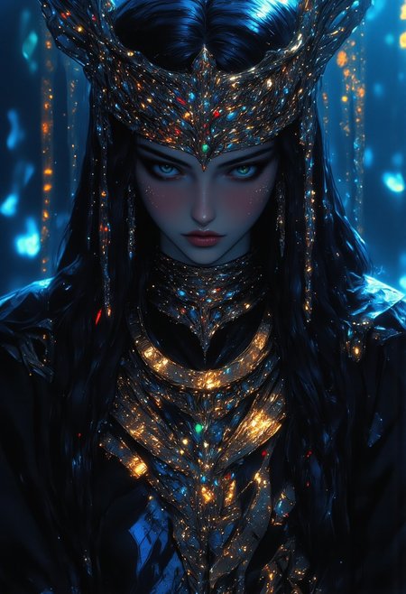 In the haunting stillness of a forgotten forest, she emerges—an ethereal beauty, draped in ancient elegance, her gaze both fierce and enigmatic, as if guarding secrets lost to time. A striking, avant-garde anime-style portrait of a beautiful woman in ceremonial, ancient folk attire, blending high-fashion editorial aesthetics with a dark fantasy essence. Her outfit, inspired by traditional and mystical designs, is adorned with vintage jewels and intricate headpieces that evoke a timeless power and ethereal allure. Stylized with sharp, high-quality Japanese anime art, her expression is intense, mysterious, and hauntingly captivating, conveying both beauty and strength. The scene is set in a misty forest under low light, where cool, muted color tones dominate, emphasizing desaturated rich blues with subtle contrasts of shadow and light. Cinematic lighting adds a dramatic edge, casting her figure in delicate shadowplay that accentuates her form and the textures of her garments. The subtle grain texture and muted yet vivid tones of her ceremonial attire exude an otherworldly atmosphere, enhanced by hints of avant-garde elegance. The artistry of her attire—a seamless fusion of high-fashion editorial style and folklore—creates an iconic, powerful, and stylish portrayal, capturing a vision of timeless beauty wrapped in mystery. mythp0rt, midjourney_whisper_avant_couture, ne0nfant4sy,velvet_myst,