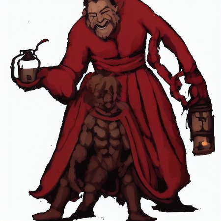 red gloves, lying, jaggy lines, long sleeves, smile, holding lantern, simple background, beast, muscular female, robe