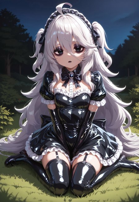 score_9, score_8_up, score_7_up, score_6_up, score_5_up, score_4_up , 1girl, Shadwo, black eyes, white hair, grey hair, very long hair, messy hair, hair between eyes, ahoge, small breasts, bags under eyes, gothic hair, two side up, hair bows, multiple hair bows, gradient hair, masterpiece, best quality, absurdres, 
(latex, gothic theme, lolitafashion:1.2), gothic lolitafashion, gothiclolita, gothic lolitadress, victorian dress, gothic, dark, moody, puffy dress, petticoat, puffy sleeves, dark colors, frilled skirt, gothic thighhighs, striped thighhighs, gothic dress, elbow gloves, latex gothic headdress, detached collar, latex bow, many bows, multiple bows, latex frills, frilled fabric, gothic lolitashoes,
black lipstick, black lips, long eyelashes, eyeshadow, eyeliner, mascara, gothic makeup,  
outdoors, nature, park, night, dark environment, 
solo, sitting, kneeling, on grass, full body, dynamic pose, dutch angle, looking at viewer, v arms, hands on lap, half-closed eyes, closed mouth, expressionless,
(shiny glossy latex clothing, gleaming oily latex fabric:1.3),
intricate, highly detailed, majestic, shallow depth of field, movie still, circular polarizer