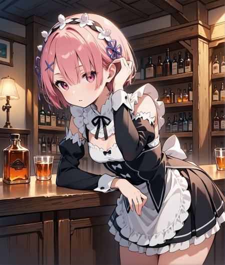 masterpiece,best quality,amazing quality,very aesthetic,absurdres,newest, huge filesize,
<lora:spo_sdxl_10ep_4k-data_lora_webui:0.5>,
 1girl, bartender, across table, bar, standing,   parted lips, leaning forward, dark, solo adjusting hair, <lora:adjusting_hair_xl:0.8>
Huge medieval mansion, fantasy, study room,bookshelf, rich,study,
BREAK
BREAK
ram \(re:zero\), (short pink hair female), maid headdress, maid apron, (short hair female),small breasts, 
maid,   pink eyes female, no makeup female, miniskirt,