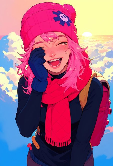 score_9, score_8_up, score_8, score_7_up, score_7,  above clouds, sky, sunrise, short, cute, 1girl, solo, wide shot view,pink hair, wiping tears, wiping eyes, rubbing eyes, big backpack, thermos, bedroll, winter clothes, scarf, mittens, beanie, black pants, cowboy shot, sexy legs, wide view, standing, happy tears, sweat, blush, breath, proud, open mouth, closed eyes, looking afar, hand on own face,