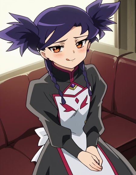 score_9, score_8_up, score_7_up, source_anime, <lora:nina-wang-s1-ponyxl-lora-nochekaiser:1>, nina wang, bangs, twintails, purple hair, braid, twin braids, orange eyes, anime screencap,, long sleeves, dress, jewelry, earrings, puffy sleeves, black dress, juliet sleeves,, restaurant, laughter, good food, warm lighting, celebration, , <lora:money-gesture-ponyxl-lora-nochekaiser:1>, money gesture, blush, sitting, couch, arm support, smile, tongue out, knee up, from above, looking at viewer, solo,, dutch angle, cowboy shot