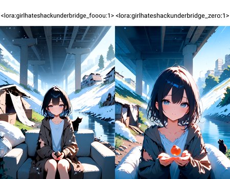 masterpiece, high score, great score, absurdres, shack under bridge, deep shadow, 1girl, sitting on sofa, blanket, open jacket, torn clothes, oversized clothes, cat, box, fog, city, tree, rock, weeds, ruins, river, water, building, scenery, outdoors, trash bag, snow, snowing, upper body, hand own hands together, (((incoming food))), <lora:girlhateshackunderbridge_fooou:1>
