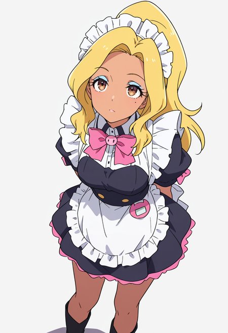 Smooth Quality,masterpiece,very intricate, high quality details, ultra realistic, high detailed skin,detailed enviorement,absurdres,
 <lora:Gotou_Shino_Shiipon_CNR:0.8> gotou_cnr, blonde hair,long hair, ponytail, brown eyes, dark-skinned female, mole, nail polish, eyeshadow,gotou_maid_cnr,maid, maid headdress, maid apron,black dress, short dress,puffy short sleeves, boots, frills,pink bowtie,, simple background, white background, dutch angle,solo,
standing, arms behind back, looking up, calm expression, relaxed posture,  ,, :|,