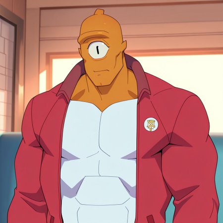 masterpiece, best quality, newest, absurdres, highres, Invincible-show-style-INVPACK.V1.0,
1boy, Allen-the-Alien-INVPACK.V1.0  1boy, cyclops, orange skin, 3 fingers, colored skin, muscular male, bald, muscular, muscular male, bald, one-eyed, Allen-main outfit, jacket, red jacket, open jacket, bodysuit, white bodysuit