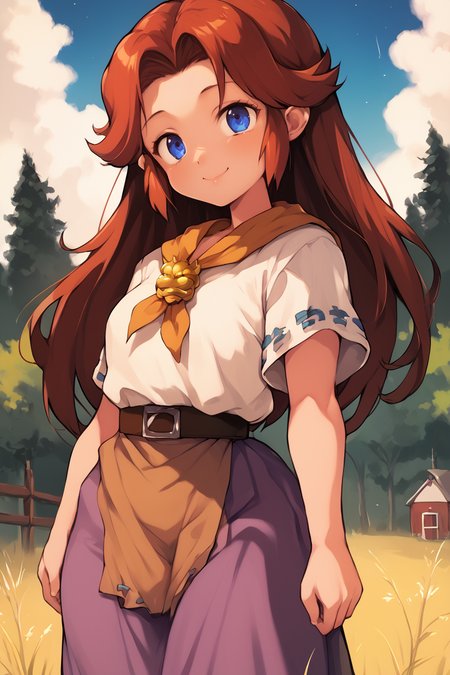 score_9, score_8_up, score_7_up, score_6_up, score_5_up, source anime, BREAK, (thick thighs), smile, closed mouth, (cowboy shot), looking at viewer,  realistic background, forest, farm, curvy, hips wider than shoulders, wide hips, shortstack, <lora:malon_cremia-v1_pdxl:1> , malon, 1girl, white shirt, short sleeves, purple skirt, long skirt, brown belt, belt, yellow neckerchief, <lora:last:1>,  <lora:90s4n1m3XLP:0.7> , 90s4n1m3,