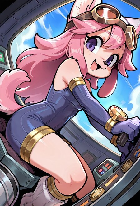 score_9, score_8_up, score_7_up, high resolution, masterpiece, best quality, wamudraws, itsunkownanon,
1girl, solo, dynamic angle, bubble cockpit, riding cockpit, open cockpit, large windshield, sky,
chocolatsr, cute, furry female, dog girl, pink fur, long hair, pink hair, dog tail, purple eyes, animal ears, animal nose, flat-chested, small breasts, shortstack, blue jumpsuit, elbow gloves, white headwear, goggles on headwear, leg warmers, boots, looking at viewer, smile, open mouth