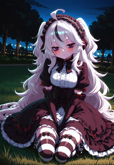 1girl, Shadwo, black eyes, white hair, grey hair, very long hair, messy hair, hair between eyes, ahoge, small breasts, bags under eyes, gothic hair, two side up, hair bows, multiple hair bows, gradient hair, multicolored hair, black streaked hair, masterpiece, best quality, absurdres, 
(gothic theme, lolitafashion:1.2), gothic lolitafashion, gothiclolita, gothic lolitadress, victorian dress, gothic, dark, moody, puffy dress, petticoat, puffy sleeves, dark colors, frilled skirt, gothic thighhighs, striped thighhighs, gothic dress, elbow gloves, gothic headdress, many bows, multiple bows, frills, frilled fabric, center frills, gothic lolitashoes,
black lipstick, black lips, long eyelashes, eyeshadow, eyeliner, mascara, blush, gothic makeup,  
outdoors, nature, park, night, dark environment, 
solo, sitting, kneeling, on grass, full body, dynamic pose, dutch angle, looking at viewer, v arms, hands on lap, half-closed eyes, closed mouth, expressionless,
intricate, highly detailed, majestic, shallow depth of field, movie still, circular polarizer
