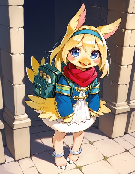 (score_9:0.9),score_8_up,score_7_up,rating_safe,anime_style,(zPDXL3),(zPDXL),
<lora:Filo, Messenger Fur Hire ponyXL v1.1:0.85>,
filo messenger fur hire, solo, 1girl, castle, full body, blush stickers, standing, cyan hairband, silver anklet, sidelocks, looking up, open mouth, blush, barefoot, red scarf, looking at viewer, bird girl, green backpack, blue jacket, bottomless, beak, feathered wings, tears