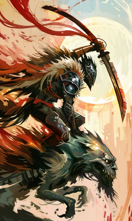 A dynamic digital painting of a warrior riding a wolf wielding a sword with flowing red ribbons and a dramatic sunset backdrop..<lora:- NAI - PdJ_highres_counterweight_V.2.0-step00021000:0.5>   <lora:- NAI - ac_illustration_V1.0-step00011000:.8>