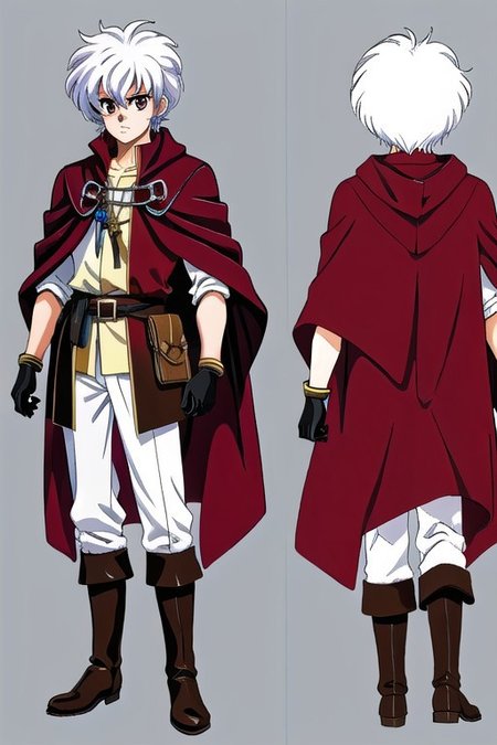 anime, 1man, man blue spike hair, short hair, red eyes, man mage, brown cloak, medieval fantasy, green boots, long gloves,   retro anime, retro style, 1980s \(style\), dungeons and dragon, dark fantasy, simples background, model sheet, character design, chara-sheet