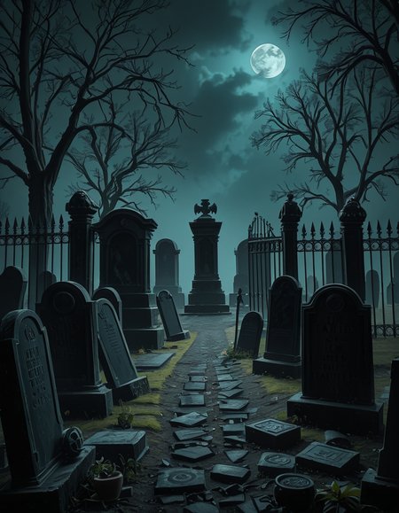 A dark and eerie cemetery shrouded in mist, with ancient, weathered tombstones covered in moss. The scene is dimly lit by a pale, ghostly moonlight filtering through twisted, leafless trees. Cracked stone pathways lead through the graveyard, partially hidden by overgrown grass and creeping ivy. A few old, gothic-style mausoleums stand in the background, their iron gates slightly ajar, adding to the mysterious and haunting atmosphere. Wisps of fog swirl around the gravestones, enhancing the eerie mood. The overall color palette consists of deep blues, grays, and muted greens, creating a cold and unsettling ambiance. The image is highly detailed and photorealistic, capturing the textures of the aged stone, the fogâs movement, and the ominous shadows stretching across the ground. 
<lora:SDXLFaeTastic2400:0.4> <lora:extremely_detailed:0.4> extremely detailed,<lora:33r13_c3m3t3ry-ill:1>,33r13 c3m3t3ry, Masterpiece,best quality,hi res,8k,hi res,8k,award winning,(sharp focus, intricate, highly detailed),