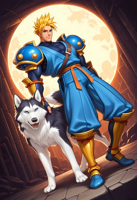 masterpiece, best quality, amazing quality, dutch angle, abstract background, BREAK
solo, male focus, 1boy, ss_galford, blonde hair, spiked hair, blue eyes, blue armor, BREAK
feral, canine, ss_p0ppy, husky, black and white fur, quadruped, BREAK
 <lora:cfg_scale_boost:.6>   <lora:Galford_D._Weller_and_Poppy_-_Samurai_Shodown_-_ILXL:1>