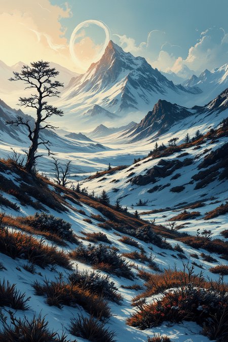 Spooky Art Drawing. aidmafluxpro1.1. A serene and breathtaking image of a vast Tundra landscape unfolds before us. Framed by the majestic curve of the horizon, the shot captures the infinite expanse of rolling hills and snow-covered peaks stretching towards the distance. Softly glowing sunlight casts long shadows across the terrain, illuminating delicate tufts of grasses and shrubs that dot the otherwise barren terrain. In the foreground, a lone tree stands tall, its branches etched against the sky like a work of art. The air is crisp and cold, with wisps of mist curling upwards from the ground.