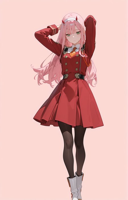 perfect quality,high quality,masterpiece,best quality,amazing quality,very aesthetic,absurdres,Cinematic Lighting,newest,
front view,full_shot,Contemplative expression,
ZeroTwoCYQL,1girl,solo,pink hair,long hair,bangs,horns,hairband,white hairband,green eyes,uniform,military uniform,dress,red dress,double-breasted,necktie,orange necktie,short necktie,long sleeves,pantyhose,black pantyhose,boots,white footwear,
full body,standing,arms_up,,
dark_pink background,simple background,
usnr,748cmstyle,<lora:USNR STYLE_XL_loha:0.45>,<lora:spo_sdxl_10ep_4k-data_lora_webui:0.6>,<lora:illustrious_all_rated_v1:0.6>,<lora:748cmSDXL:0.6>,<lora:illustrious_quality_modifiers_masterpieces_v1:0.8>,<lora:ZeroTwoCYQL:1>,