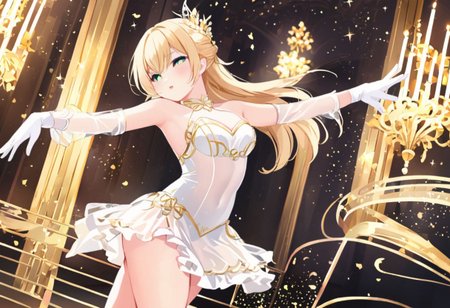 Best quality, masterpiece, exquisite ballet hall, one dancer girl with round pert breasts, dynamic movement, dancing, adorable golden blond long loose fluffy ruffled hair, adorable smooth happy face, bright green eyes, white leotard with long sleeves and gloves, bare shoulders and legs, slim waist, thick clavicle, thick pelvis, thick hips, thick thighs