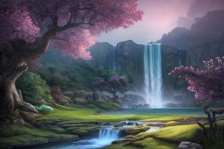 RAW photo, masterpiece, subsurface scattering, heavy shadow, high quality, intricate, high detail, professional photography, HDR, High Dynamic Range, realistic, ultra realistic, photorealistic, high resolution, film photography, ambient lighting, atmospheric effects, <lora:detail_slider_v4>, OverallDetail,  <lora:Darkshores>, cherry blossoms, darkshores,  grass, night, no humans, outdoors, plant, reflection, scenery, sky, tree, waterfall