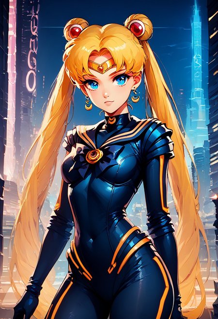 score_9, score_8_up, score_8, medium breasts, (curvy), 
sailor moon, blonde hair, blue eyes, double bun, hair bun, hair ornament, long hair, twintails, circlet, parted bangs,
zzCitronLegacy, 1girl, solo, breasts, looking at viewer,  bodysuit, neon glow, 
city, night, 
zPDXL, Expressiveh