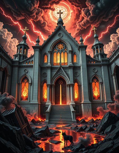 A once-majestic celestial temple, now under siege by the forces of Hell. The grand white stone structure is cracked and scorched, its golden crosses twisted and broken. The stained-glass windows, once glowing with warm divine light, are now shattered, with demonic symbols glowing ominously in their place. The sky, once a serene blue, is now consumed by dark storm clouds, swirling with red lightning and thick smoke.
Black, jagged chains extend from the sky, wrapping around the temple as if trying to pull it down into the abyss. The once-fluffy clouds beneath the structure are now a chaotic mix of fire, ash, and dark mist, with glimpses of molten lava cracks below. Infernal creatures with glowing red eyes lurk in the shadows, their silhouettes barely visible through the smoke and fire.
The temple doors are blown open, revealing an eerie red glow emanating from within, as if Hell itself is consuming the sacred space. Massive demonic runes are etched into the stone, pulsating with an unholy energy. The entire scene is bathed in a deep crimson and orange glow, giving it an apocalyptic and nightmarish atmosphere.
Style & Lighting:
- Dark fantasy, highly detailed
- Dramatic, high-contrast lighting with fiery glows
- Cinematic composition, epic scale
- Strong use of shadows, embers, and atmospheric foghighly detailed and atmospheric view from inside a massive birdcage, large enough for a human to stand inside. The cage is made of ornate, aged metal bars with intricate Victorian-style patterns, curving elegantly towards the domed ceiling. Sunlight filters through the gaps between the bars, casting long, dramatic shadows on the wooden floor. Delicate vines and small flowers have begun to grow around the bars, adding a touch of nature reclaiming the space. The background beyond the cage is blurred, hinting at a lush garden or a mysterious, abandoned mansion. The ambiance is serene yet slightly melancholic, with warm golden light illuminating dust particles floating in the air. Soft feathers are scattered on the floor, adding to the sense of quiet abandonment. The perspective makes the viewer feel as if they are inside the cage, looking outward, surrounded by both beauty and confinement. The style is highly detailed and realistic, with a cinematic and slightly surreal atmosphere.
<lora:SDXLFaeTastic2400:0.4> <lora:extremely_detailed:0.4> extremely detailed 
<lora:evil_celestial_t3mpl3-i:1> evil celestial t3mpl3, Masterpiece,best quality,hi res,8k,hi res,8k,award winning,(sharp focus, intricate, highly detailed),