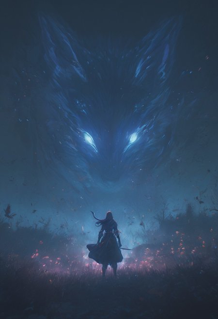 Bosstyle, Silhouette of a Woman fighting a giant DARK mononoke Monster Boss resembling a ethereal fox with seven tails: Capture the essence of nostalgia and color in this vintage photograph. Dominating the scene is a meticulously detailed, translucent dark-red Blood filled firefox, adorned with vibrant patterns, blending seamlessly with its surroundings. Its long tail, composed of intricately woven ribbons in a spectrum of colors, trails behind, adding to the spectacle of the moment. Amidst the quietude of the night, its presence exudes a sense of ancestral strength and resilience. Behind it, the low-toned hues of the Milky Way cast a mesmerizing backdrop, a cosmic tapestry weaving tales of both past and future. In this moment, the convergence of tradition and technology, of ancient wisdom and industrial progress, hangs palpably in the air., atmospheric haze, Film grain, cinematic film still, shallow depth of field, highly detailed, high budget, cinemascope, moody, epic, OverallDetail, 2000s vintage RAW photo, photorealistic, candid camera, color graded cinematic, eye catchlights, atmospheric lighting, imperfections, natural, shallow dof